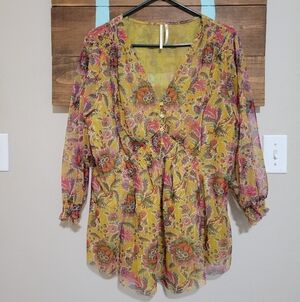 By Anthropologie Gretchen Smocked Tunic Bohemian Floral Mesh Top Size XL